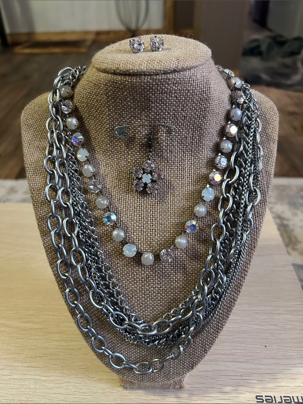 Silver-Tone Multi-Strand Statement Necklace with Crystal Accents